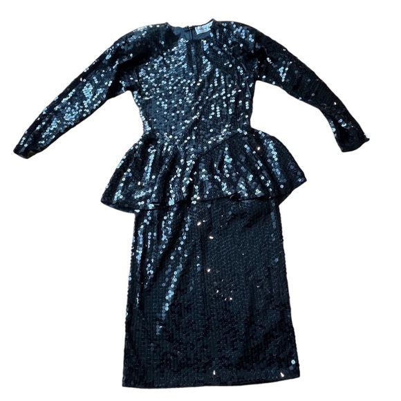 Black Sequin Long Sleeve Peplum Dress Vintage Oleg Cassini - Picture 3 of 13